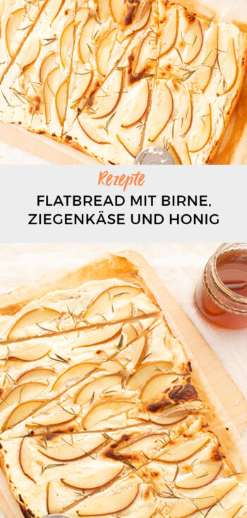 Flatbread mit Birne, Rosmarin, Honig und Ziegenfrischkäse