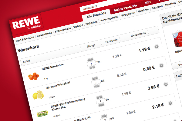 Superpraktisch, tolle Qualität zum gleichen Preis wie im Supermarkt: Online einkaufen bei Rewe.